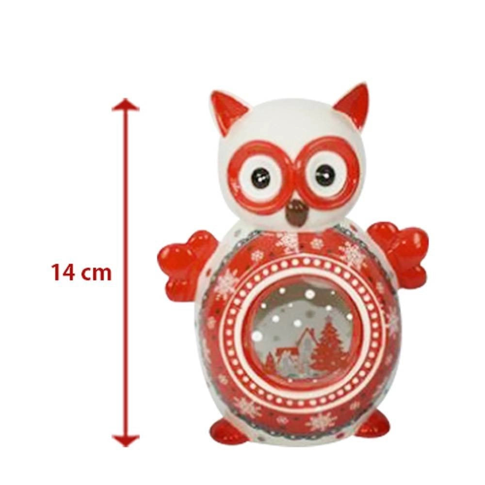 Trade Shop - Lanterna Ceramica Gufo Con Candela Elettrica 14 Cm Decorazioni Natalizie -