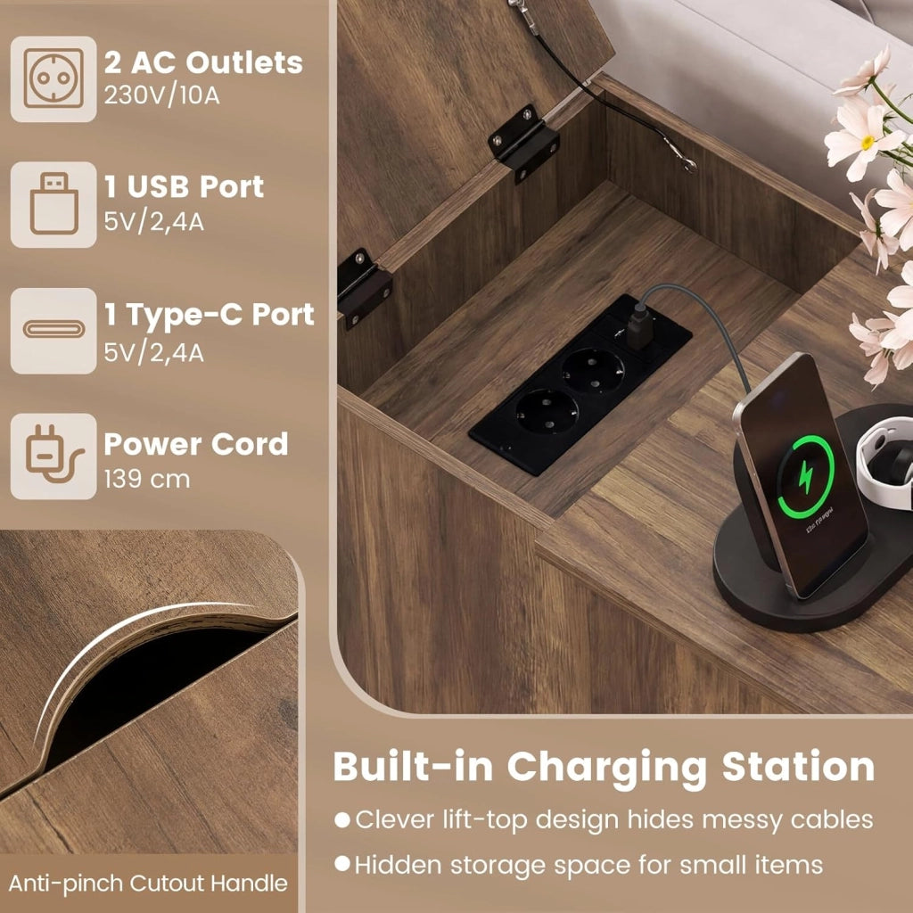 Comodino con stazione di ricarica, tavolino ausiliario con porta, cassetto estraibile, scomparto nascosto, ripiano regolabile, 35 x 60 x 62 cm, per camera da letto, soggiorno