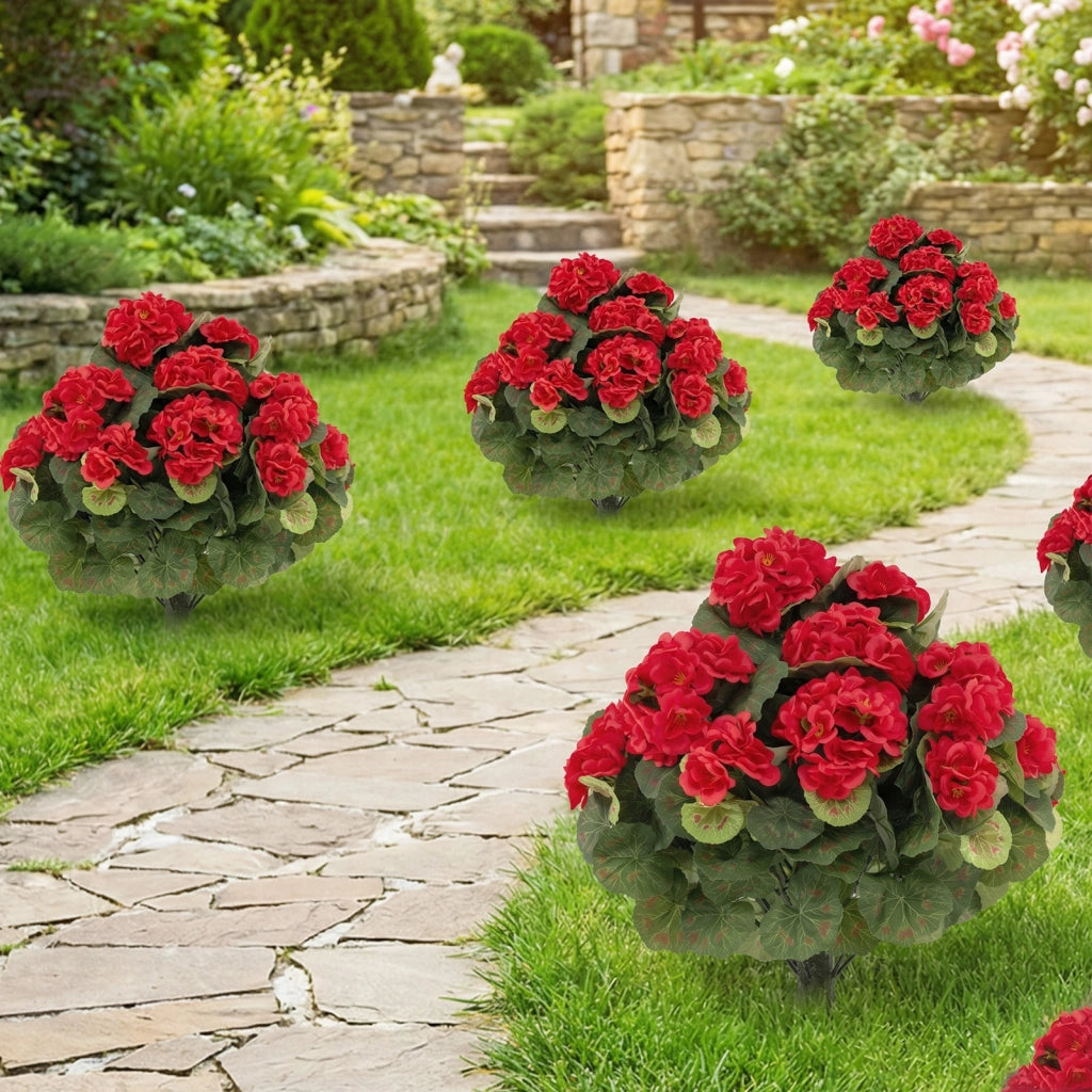 2 Mazzi di begonia artificiali 57 cm con fiori e foglie in seta tronco realistico in PE, Begonie finti per decorazioni con picchetti Rosso