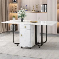 Tavolo da cucina versatile e pieghevole con ruote, con credenza e 2 cassetti, 150x80x76 cm, Bianco e Nero