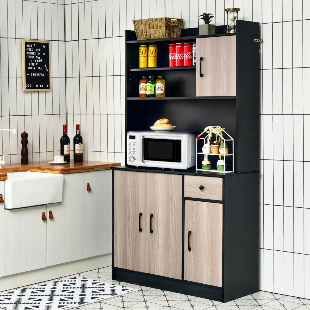 Armadio da cucina alto-Buffet-Armadio da cucina 180cm con stazione di ricarica integrata, Buffet con vetrina piano per microonde cassetto Nero