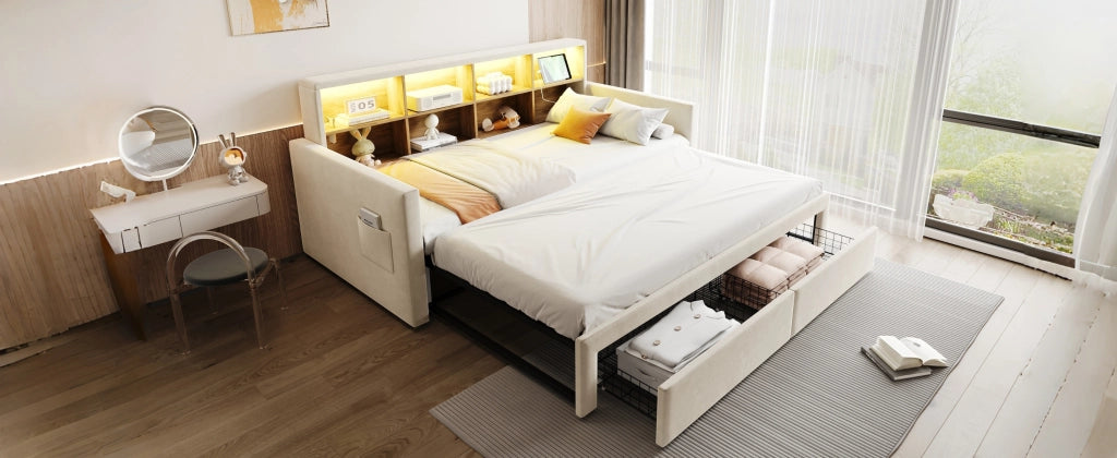 DESMIU Divano Letto 90 × 190 cm 1 posto con LED, prese USB e Type-C, 2 cassetti, senza materasso, in velluto beige