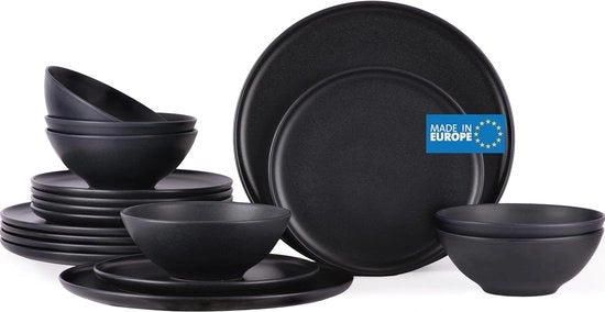 Servizio da Tavola in Stile Scandinavo per 6 Persone - 18 Pezzi in Ceramica Nera Opaca, 100% Europa