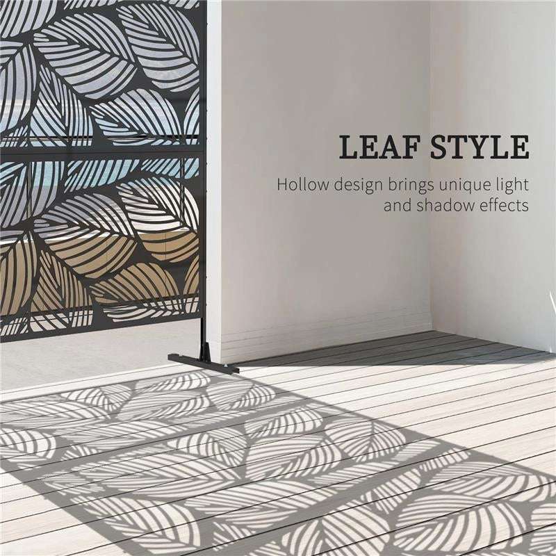 PARAVENTO DA ESTERNO DECORATIVO IN ACCIAIO TRAFORATO CON DESIGN A FOGLIE, 122X198CM, NERO