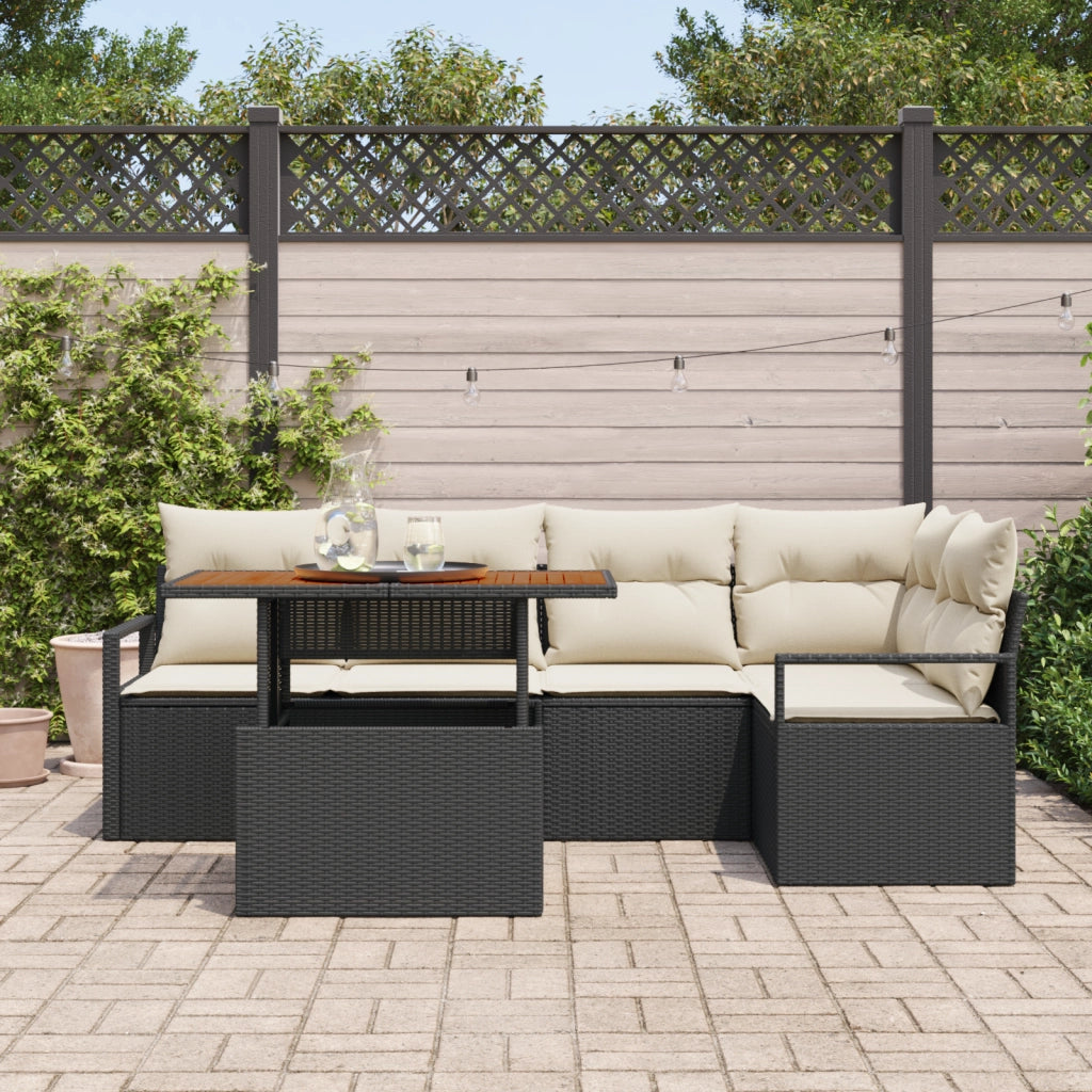 Set Divano da Giardino 6 Pezzi con Cuscini Nero Rattan Polietilene Acacia