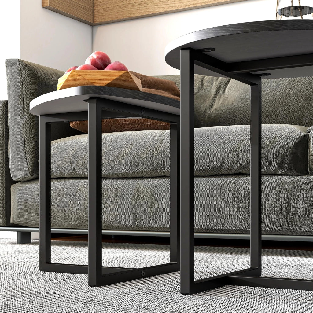 Tavolini bassi set 2 pezzi con piano a forma di cuore, stile industriale, per soggiorno, in metallo e legno nero