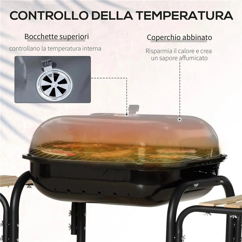BARBECUE A CARBONE CON COPERCHIO RIPIANI E RUOTE COMPLETO DI SPATOLA PINZA E COLTELLO NERO