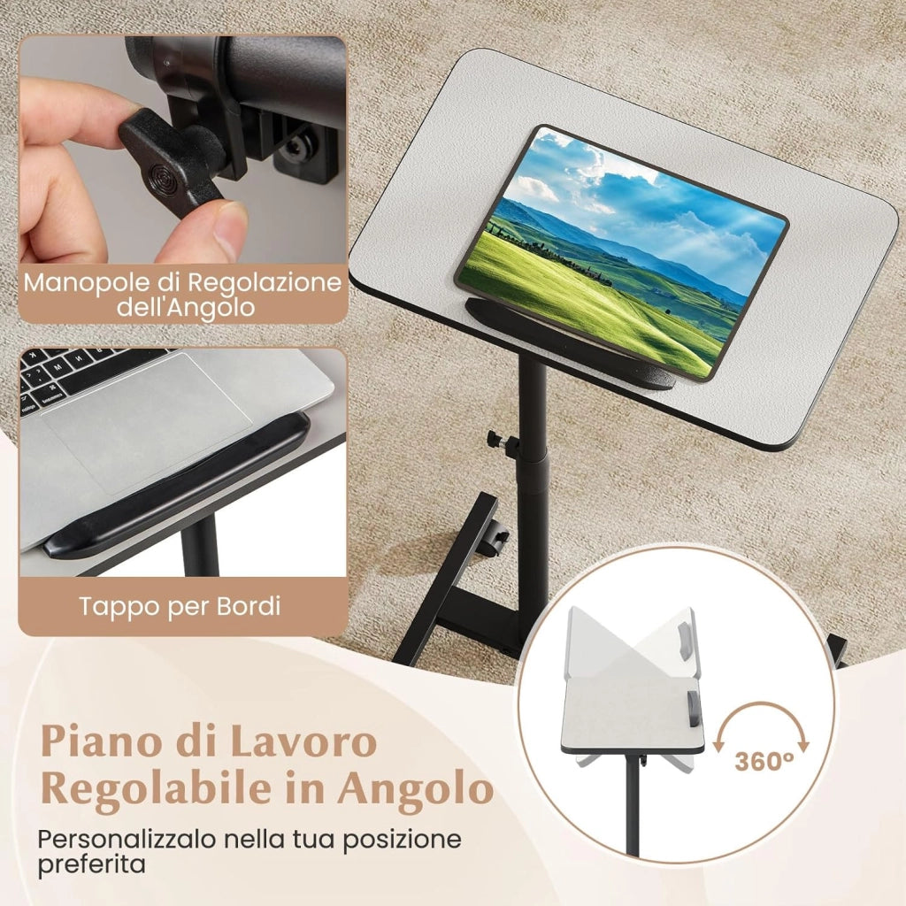 Tavolino Servitore con Altezza Regolabile, Ruote Bloccabili, Piano Girevole a 360° e Inclinabile con Fermo Bordo, Tavolino a Forma di C per Soggiorno, Camera da Letto e Studio (Grigio)