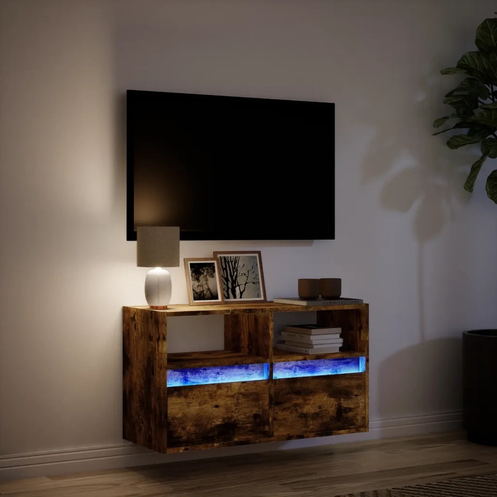 Mobile TV a Parete con Luci LED Rovere Fumo 80x31x45 cm 852331