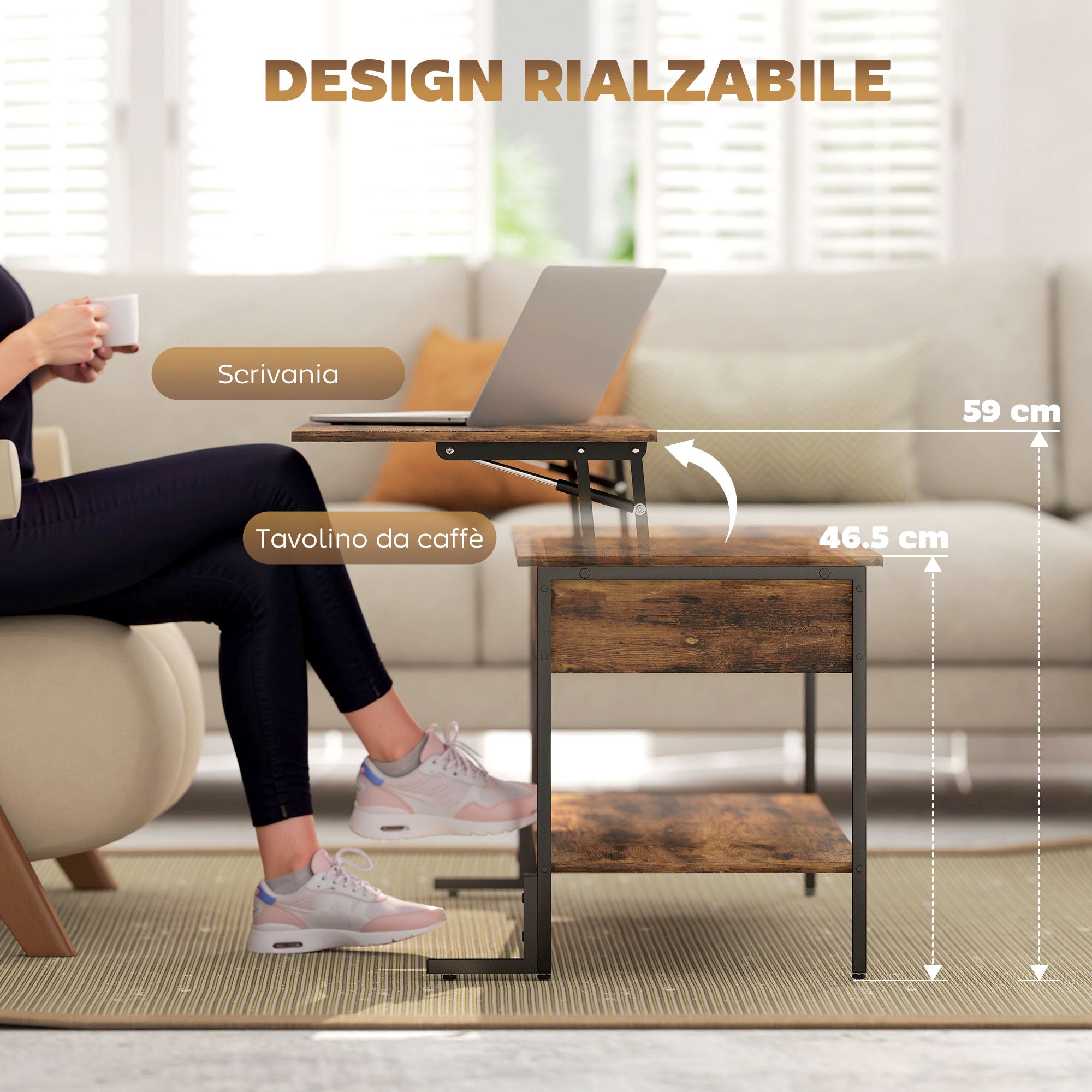 Tavolino da Caffè in Stile Industriale 95x40x46,5 cm con Vano Nascosto e Ripiano in Legno Marrone