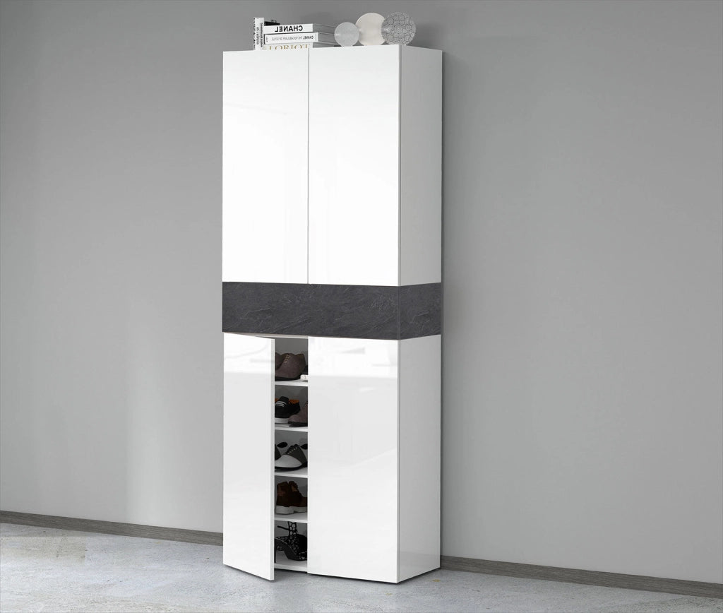 Armadio Scarpiera 4 Ante e 1 Ripiano a Ribalta 76x35x200 cm Savona 4A 1R Bianco Opaco/Grigio Ardesia