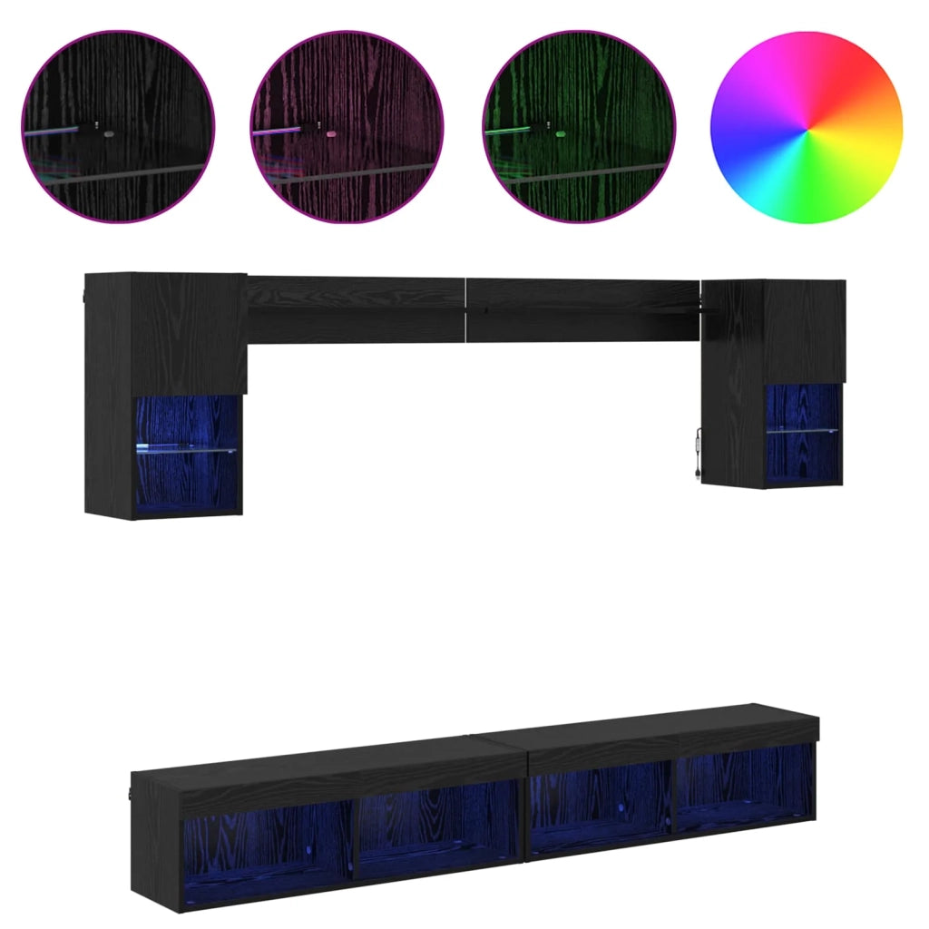 Unità a muro per TV con LED 6 pcs Rovere Nero Legno multistrato 3402957