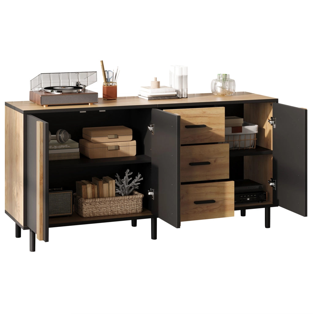 Credenza 140x35x70 cm in MDF con 3 ante e 3 cassetti; nero e effetto legno