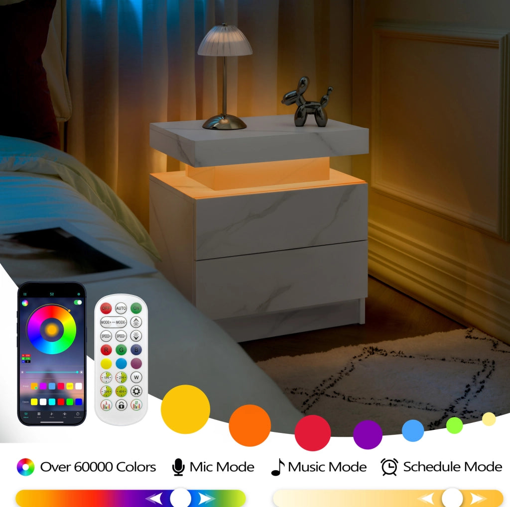 Comodino Moderno con Luce LED Regolabile e 2 Cassetti, Tavolino da Camera Bianco Pietra