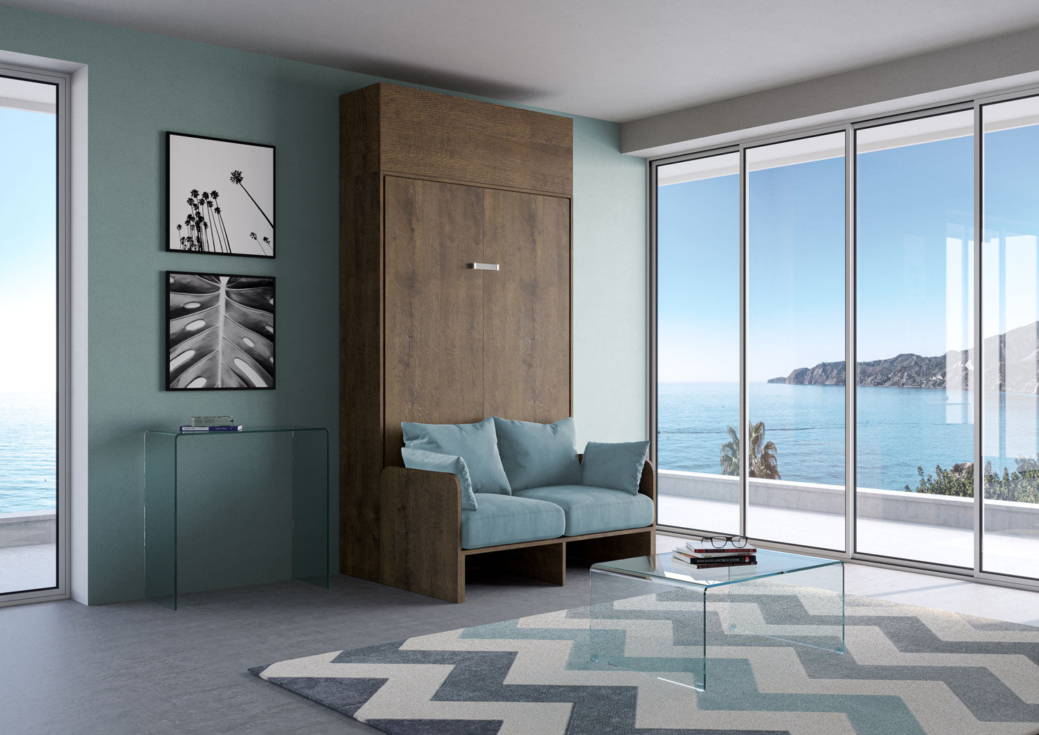 Letto Una Piazza E Mezzo A Scomparsa 120 Kentaro Con Divano E Pensile Noce e Azzurro