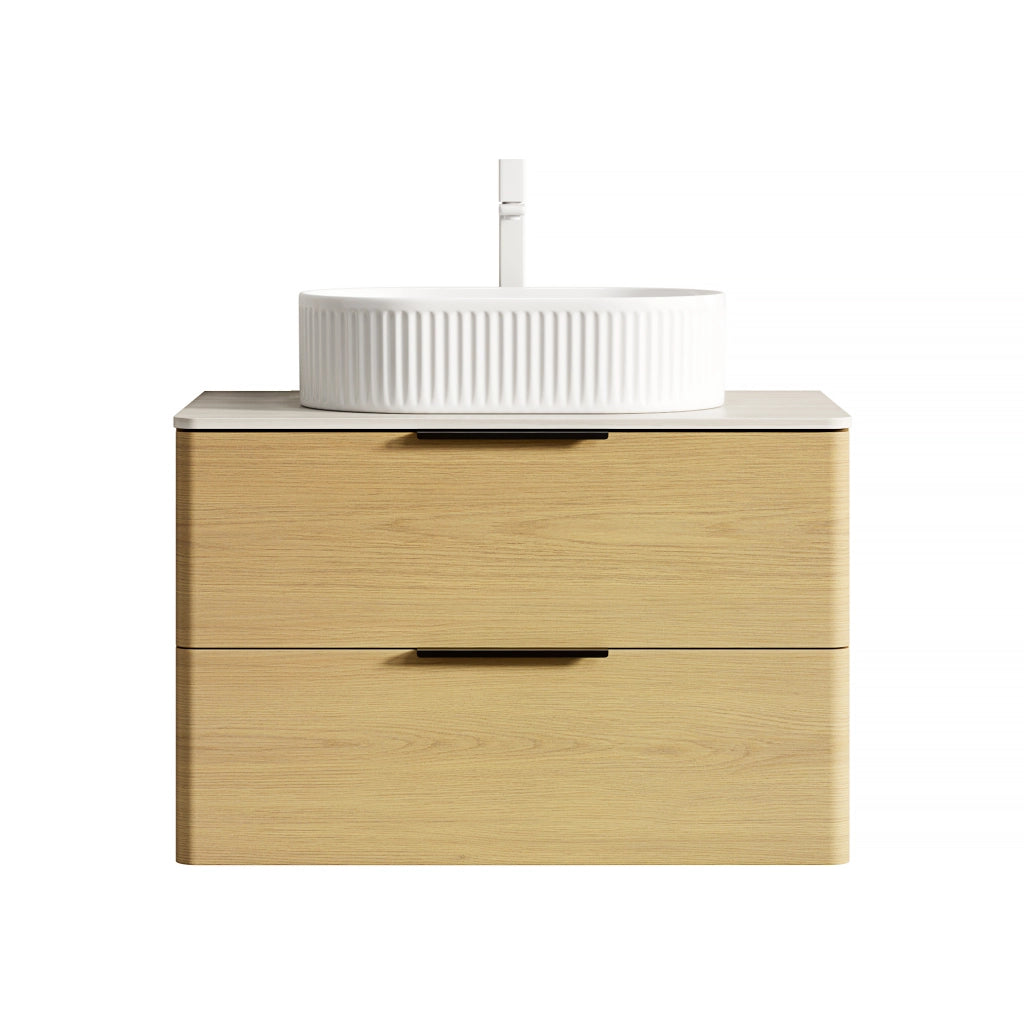 Mobile sottolavabo sospeso da bagno con lavabo ovale in ceramica, piano in travertino e 2 cassetti, 75 cm