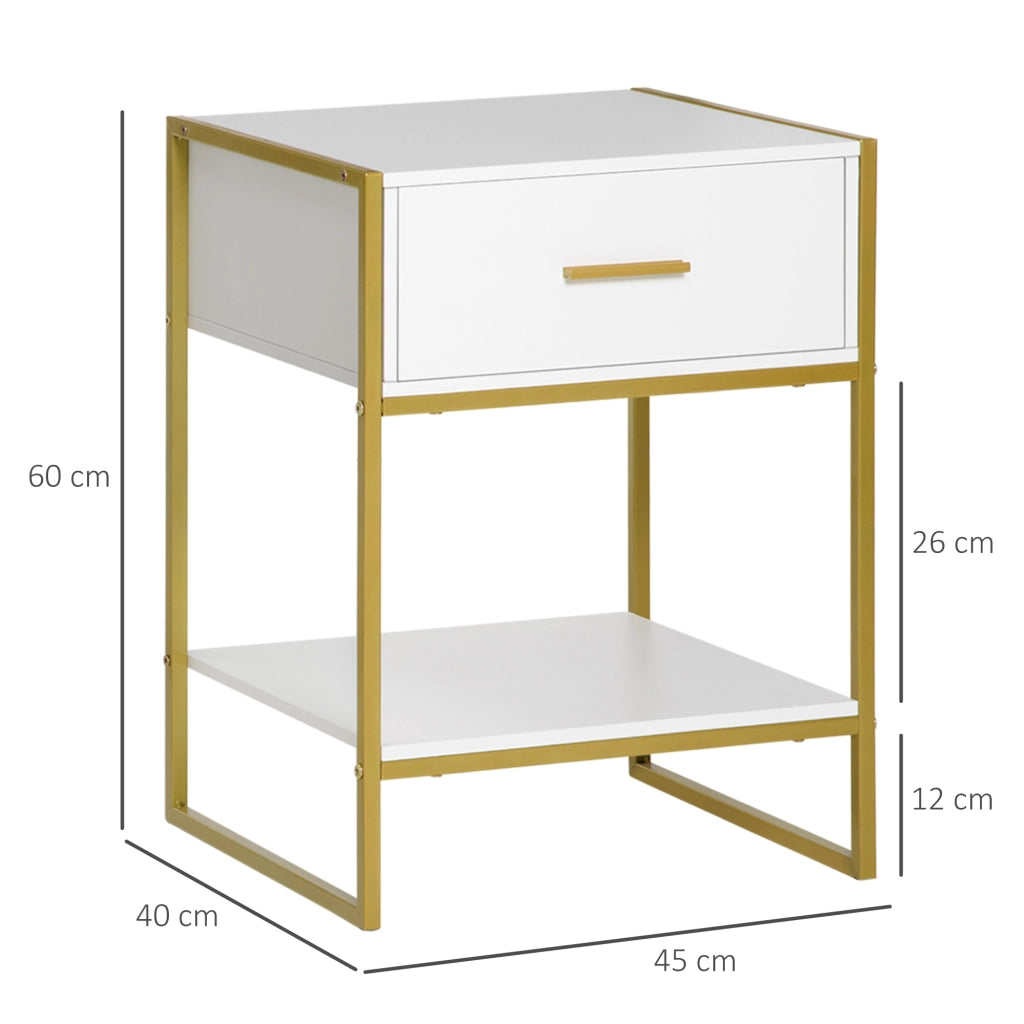 Set 2 Comodini Moderni con Cassetto e Ripiano Aperto in MDF e Acciaio, 45x40x60cm, Bianco e Oro
