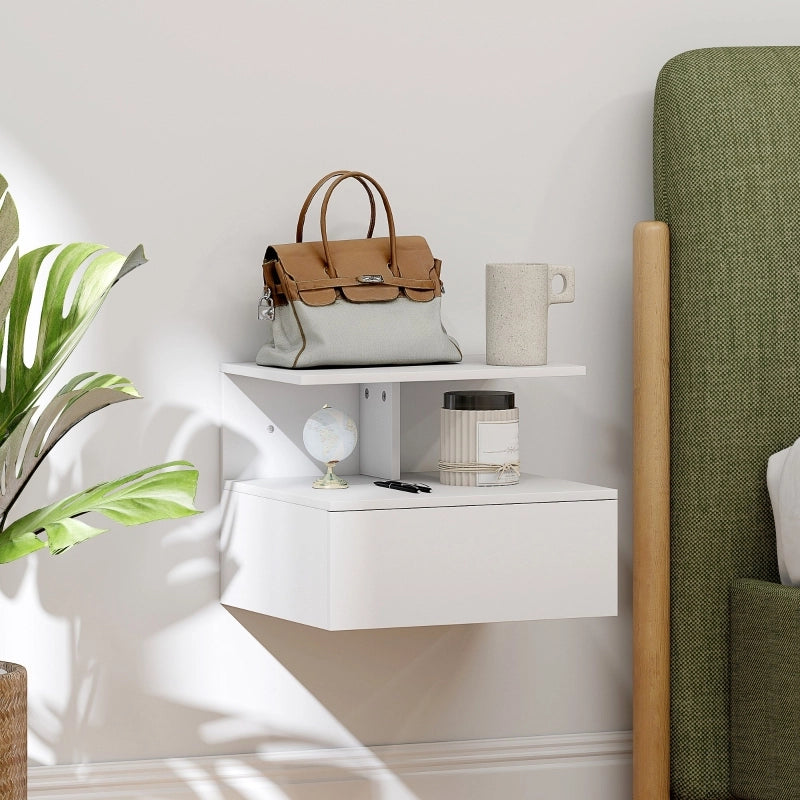 Comodino sospeso con 1 cassetto e 1 vano aperto per camera da letto, in legno, bianco, 39,8 × 35 × 31,6 cm