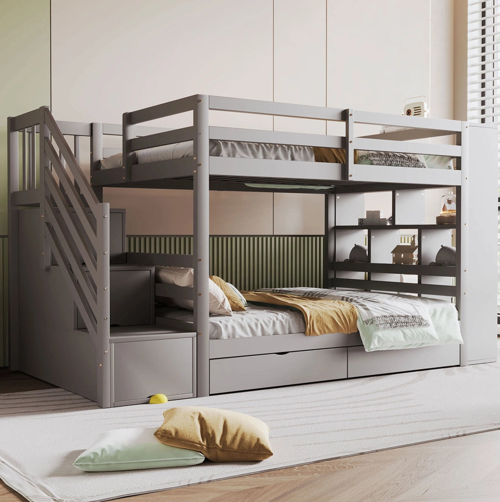 Letto a castello 90x200 cm con scala contenitore e cassetti, grigio