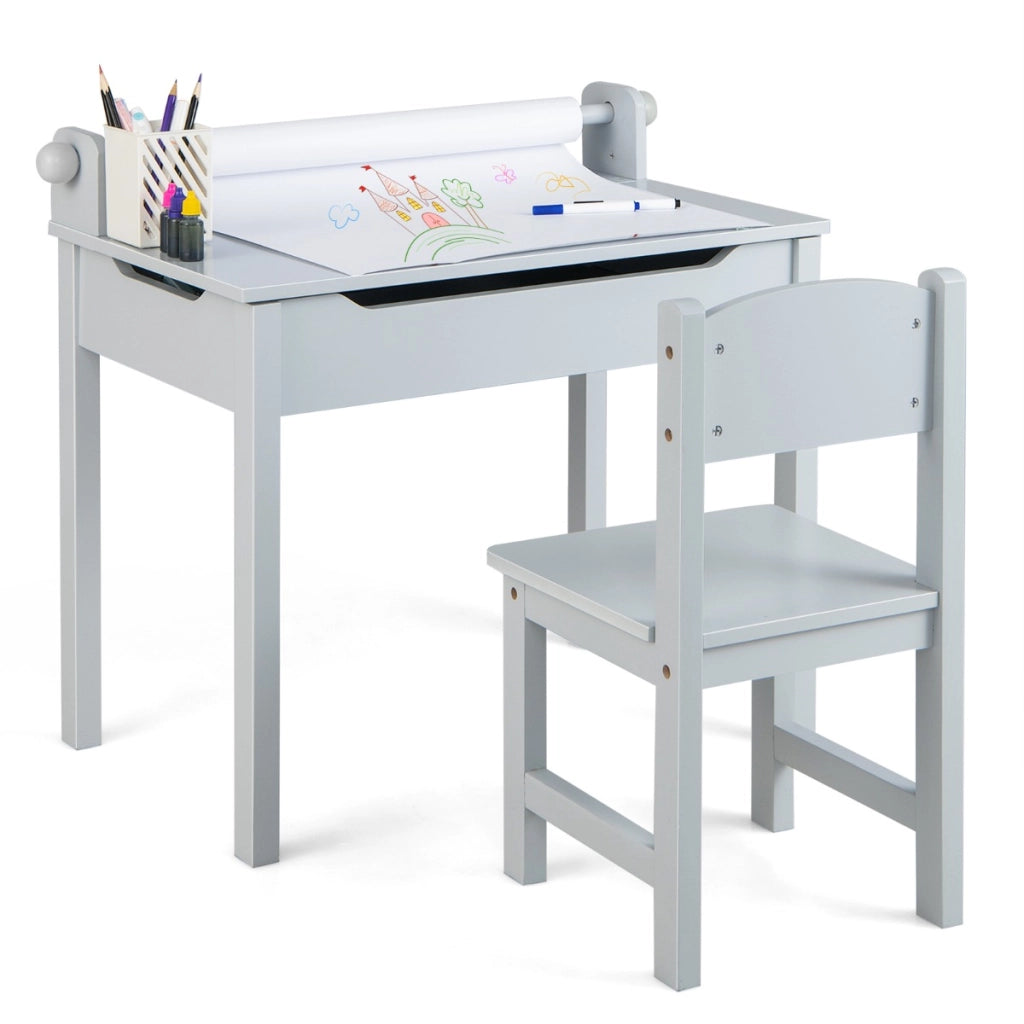 Tavolo per bambini con sedia vano portaoggetti e portarotolo per disegnare giocare, Set di tavolino con sedia Grigio-Tavoli e sedie