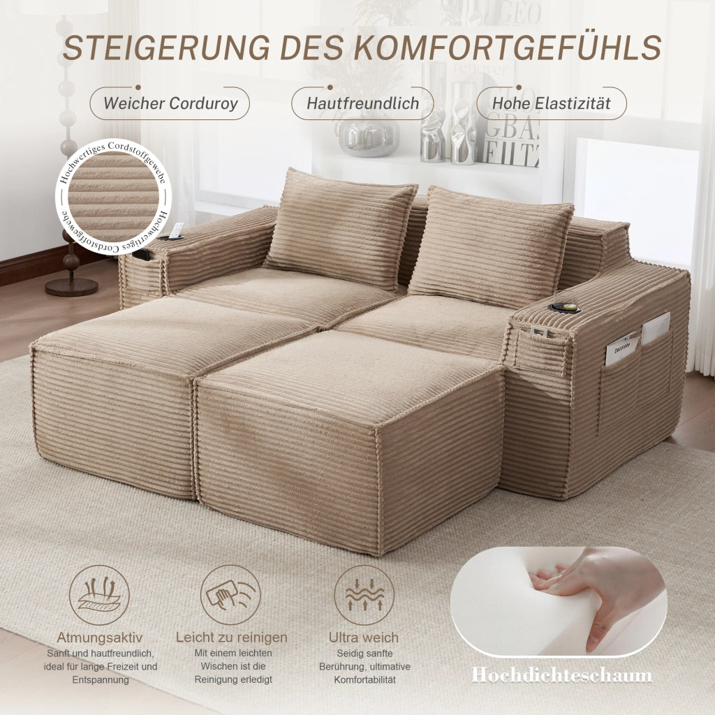 DIVANO modulare 2 posti 188x162x75 cm in corduroy khaki con 2 pouf