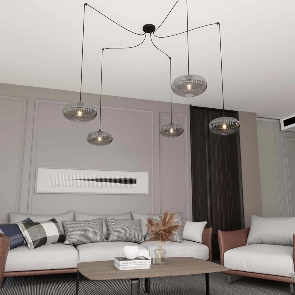 Lampadario 5 Luci Elios In Acciaio Nero Paralume Plissettato Fumè