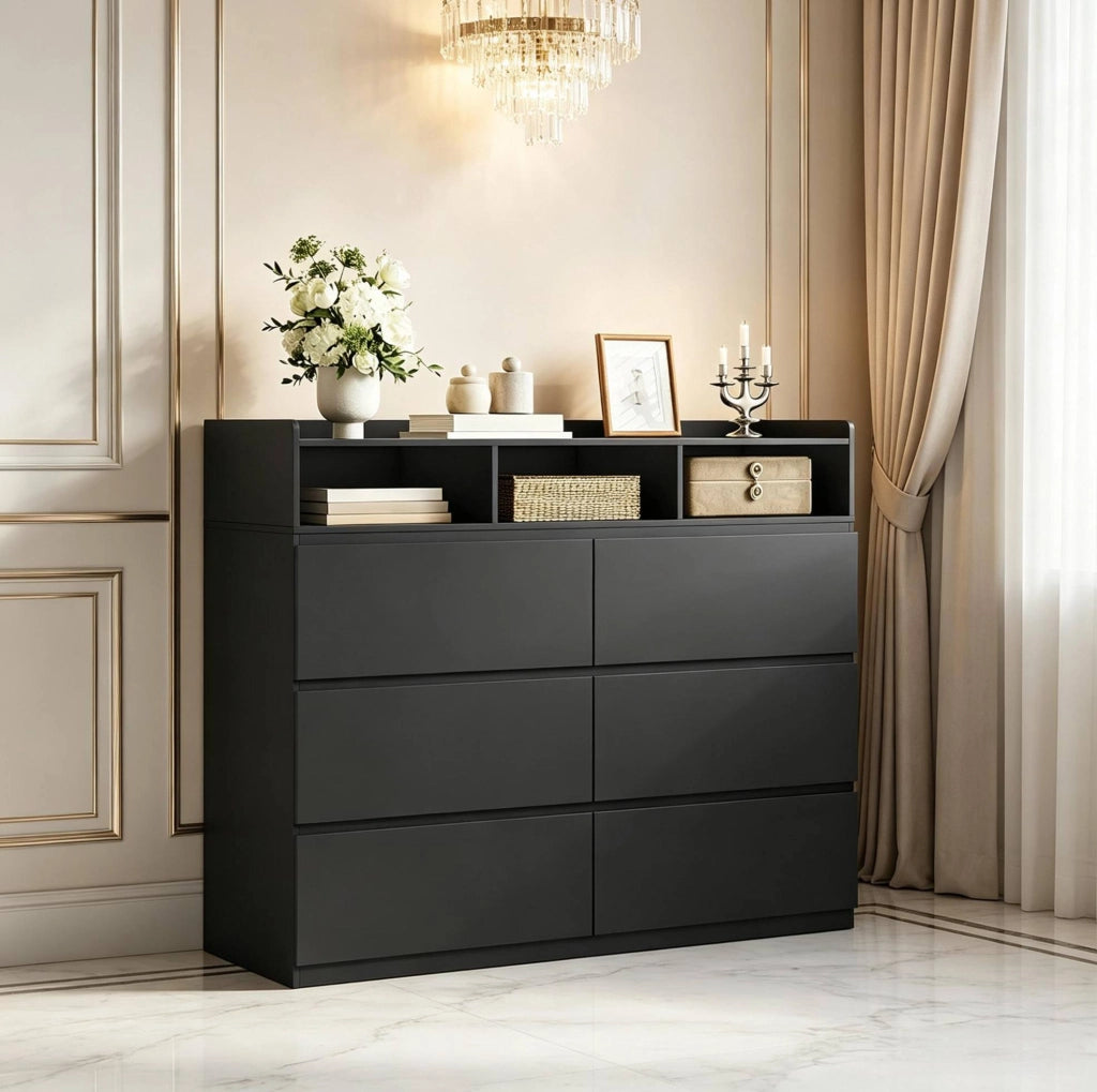 Cassettiera moderna nera con 6 cassetti e 3 vani aperti 120x40x100 cm in pannello E1
