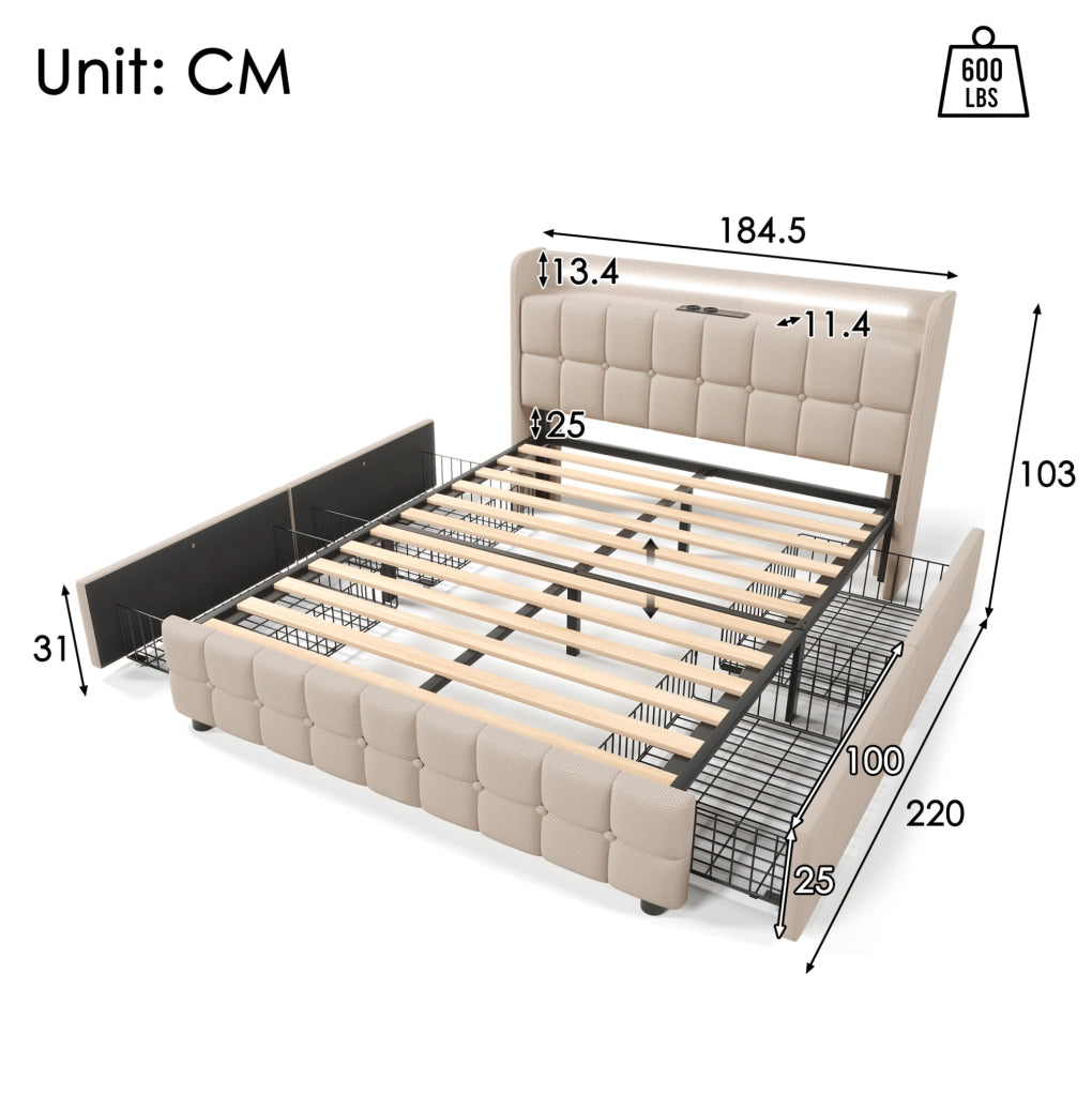 Letto matrimoniale imbottito 180x200 cm con USB; LED e 4 cassetti; beige