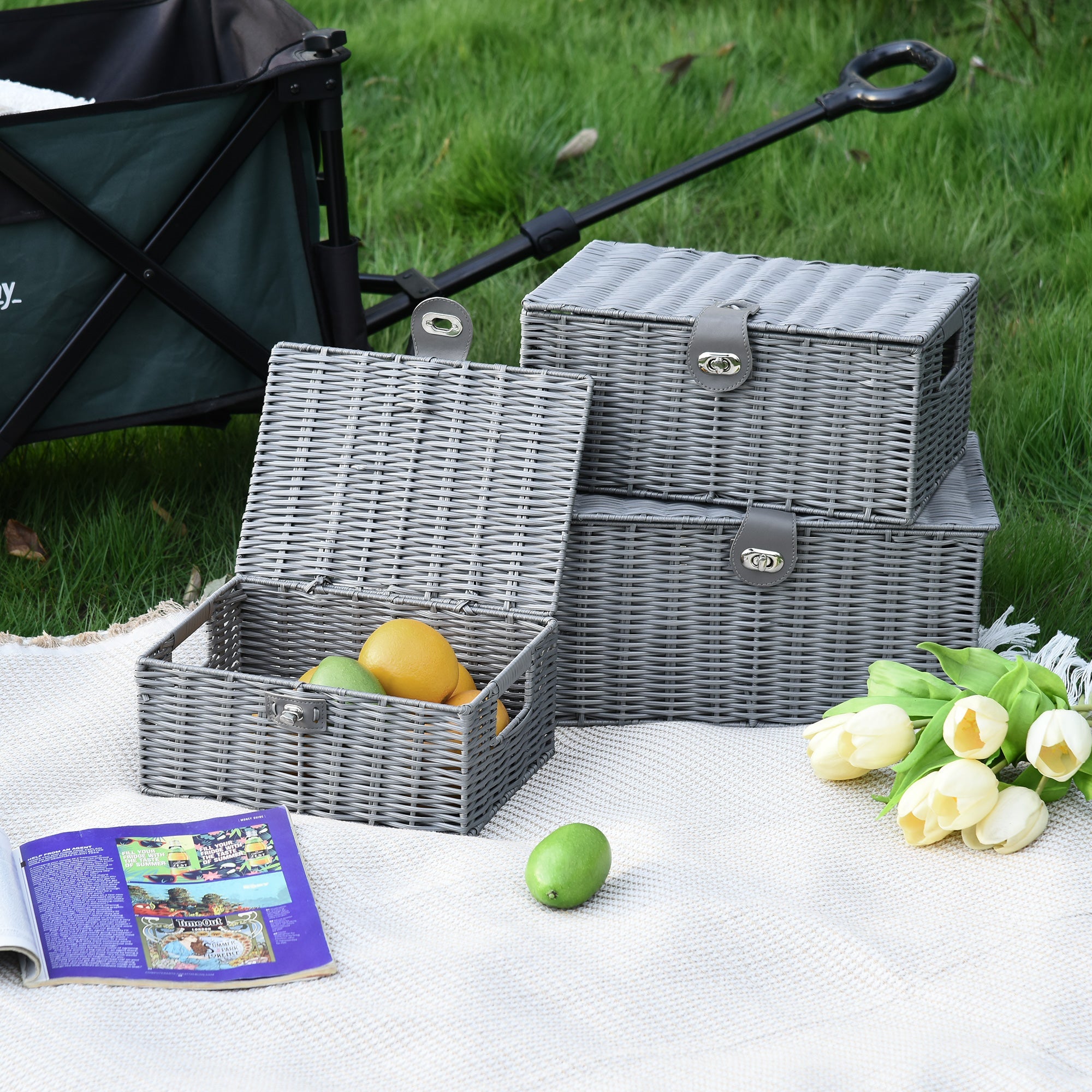 Set 3 Cesti Portaoggetti in Vimini PP e Polipropilene Grigio