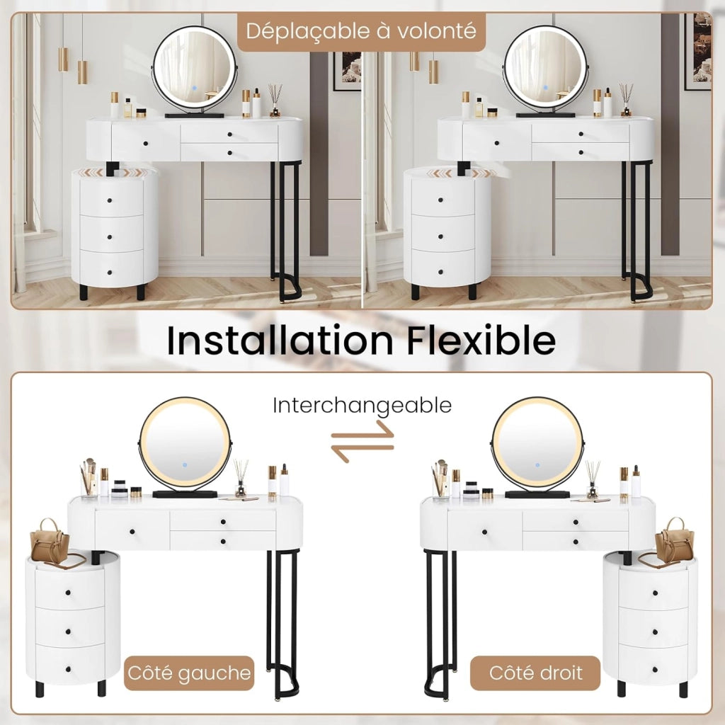 WOLTU Toeletta con Illuminazione a Led e Specchio, Postazione da Trucco con 3 Cassetti in Legno Massiccio, 1 Mobile Laterale Flessibile, Piano Lucido, Bordo in PVC, Facile da Montare, Moderno, Bianco