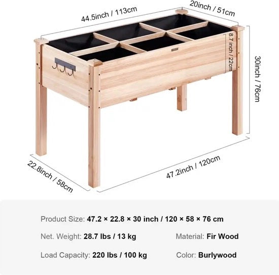 Vassoio per piante elevato a 6 cassette - Tavolo per la coltivazione - Su gambe - Con pannello - Legno - Dimensioni: 120 x 58 x 76
