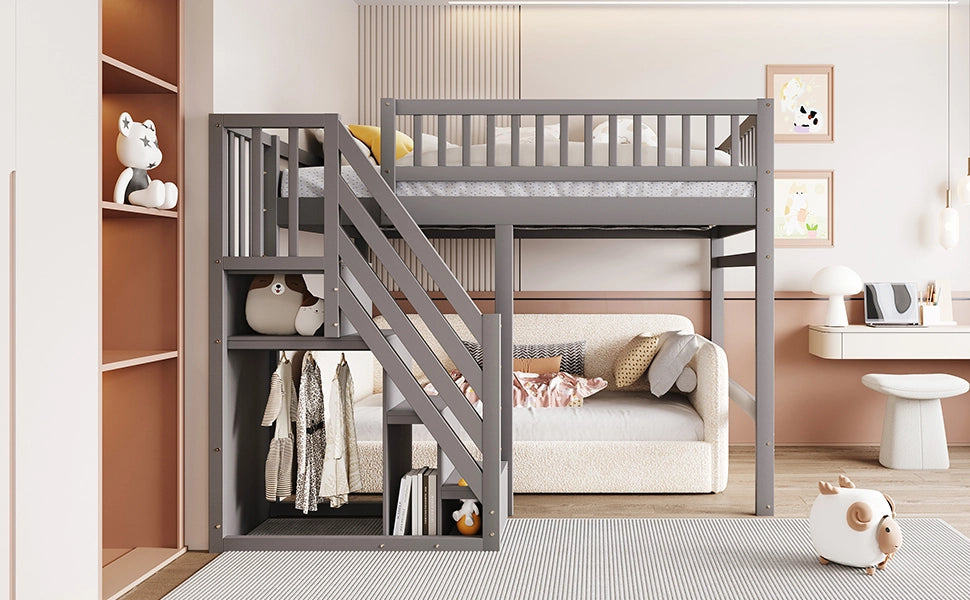 DESMIU Letto a soppalco 2 posti con scala contenitore e sponda alta 140 × 200 cm senza materasso grigio