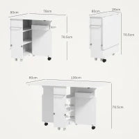 Tavolo a Ribalta Pieghevole con Ripiani a 3 Livelli, Box e Rotelle, in MDF, 130x80x76.5 cm, Bianco