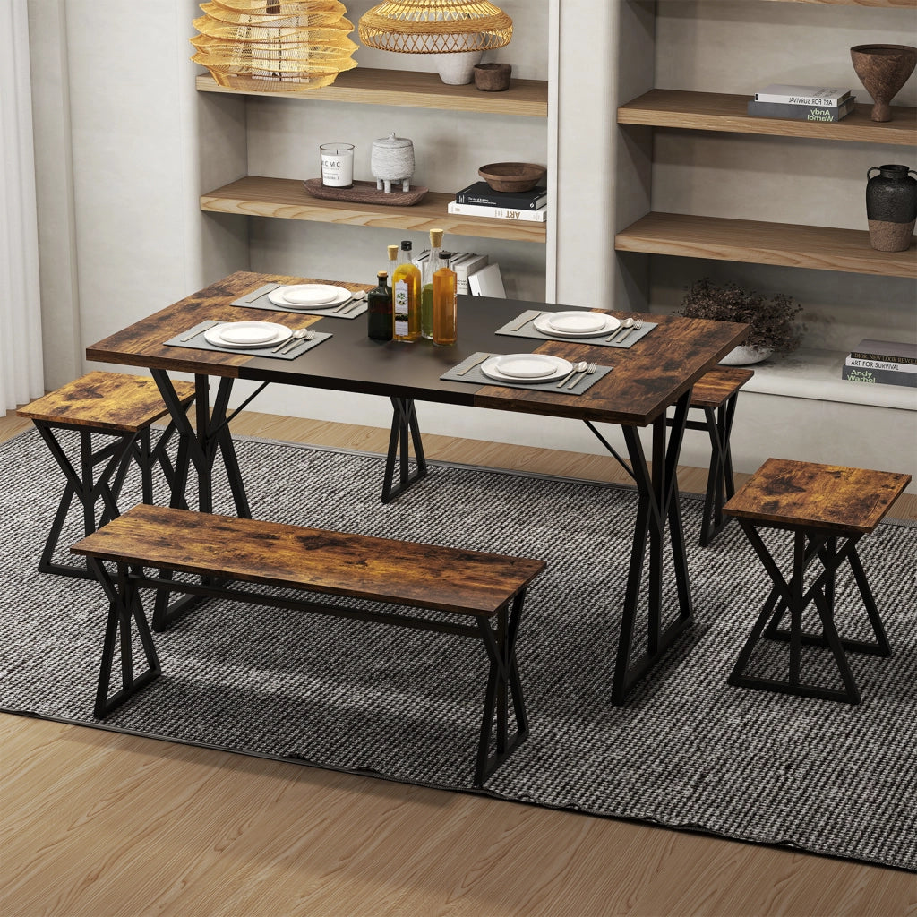 Tavolo e sedie-Set pranzo 5 pezzi 4-6 persone metallo industriale rettangolare cucina-Set tavolo 2 panchi 2 sgabelli
