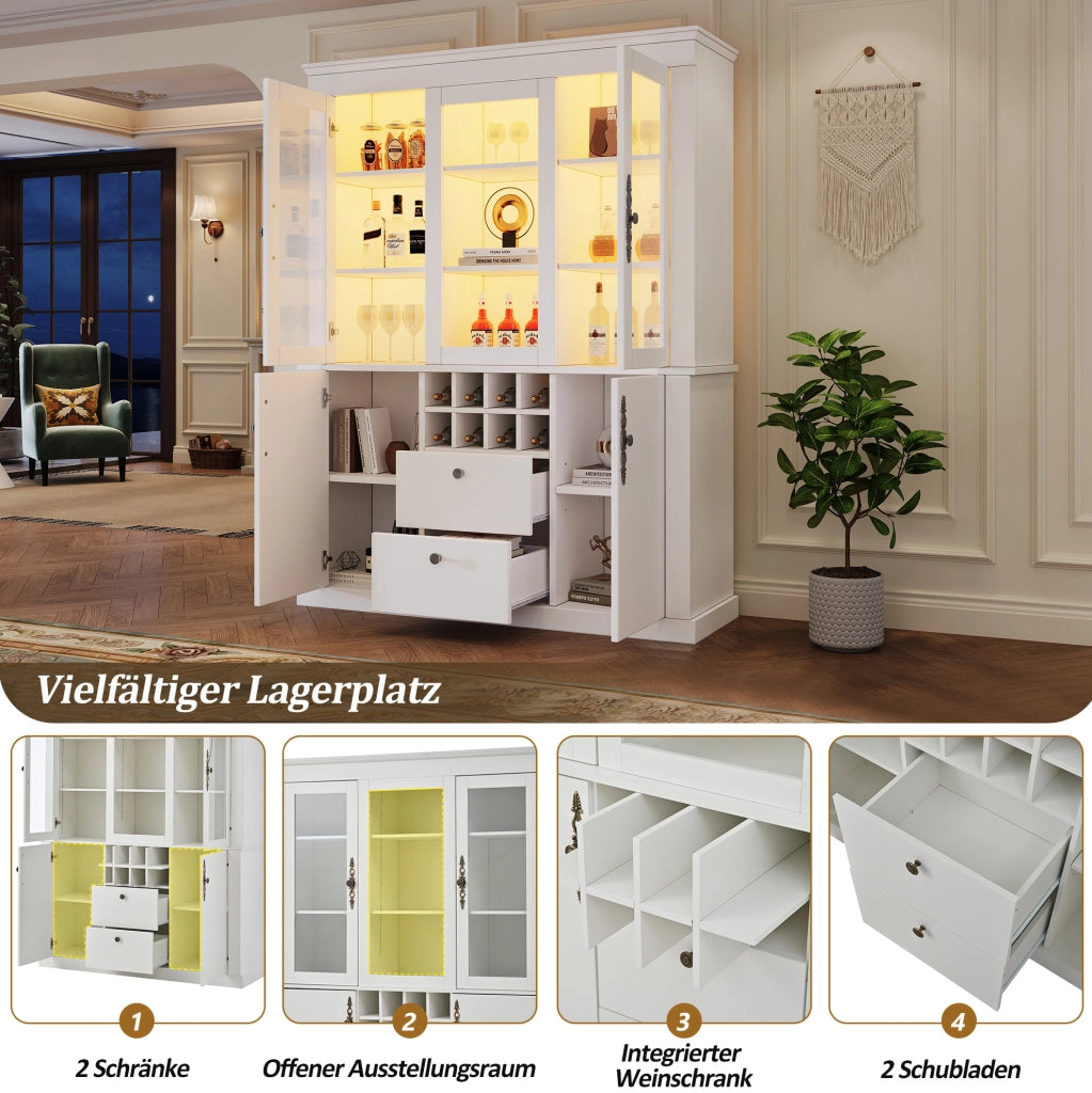 Vetrina bianca con 2 cassetti, 4 ante e illuminazione LED