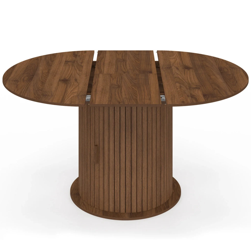 IDMarket - JULIETTE Tavolo da pranzo rotondo allungabile per 4-8 persone con gambe a doghe e contenitore in noce 110-150 cm