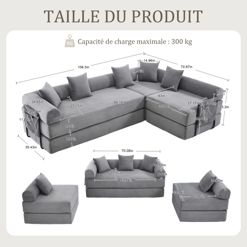 Divano modulare con tasca laterale e funzione letto 270x180x64 cm; in velluto corduroy grigio scuro