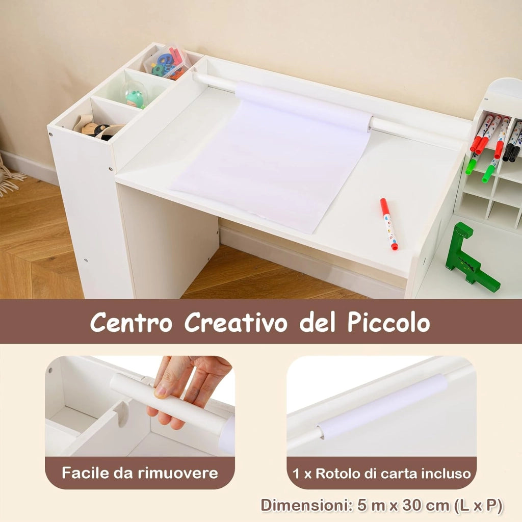 Set Tavolo e Sedia per Bambini 3+ con Porta Rotolo Carta Rimovibile | Scrivania Multifunzionale per Bambini con Mobile Cubo, Ripiani Laterali e Cassetto, Ideale per Lettura e Disegno