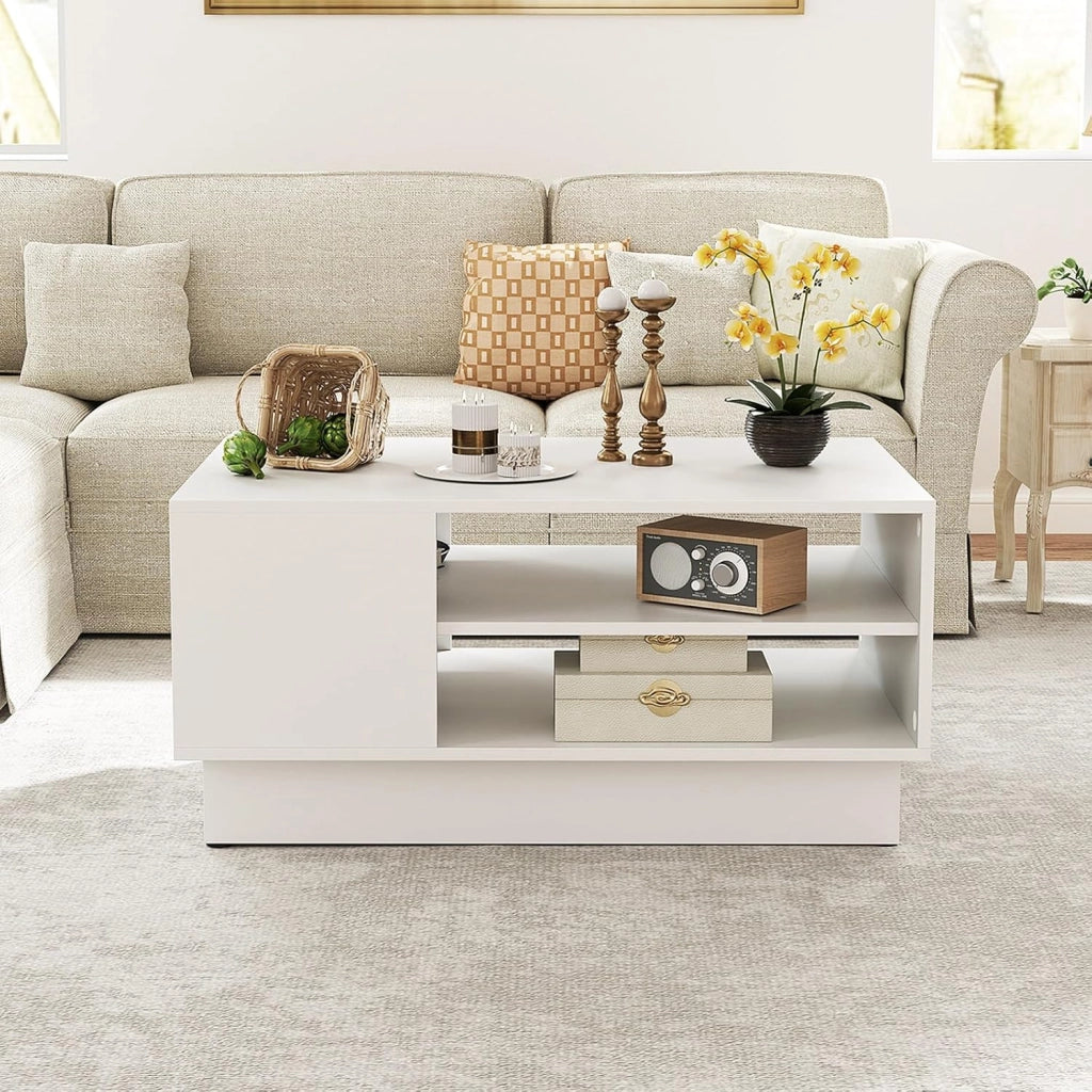 Tavolino da caffè a 2 ripiani aperti, 86 x 56 x 41 cm, rettangolare con superficie ampia, design moderno, per soggiorno, ufficio (bianco)