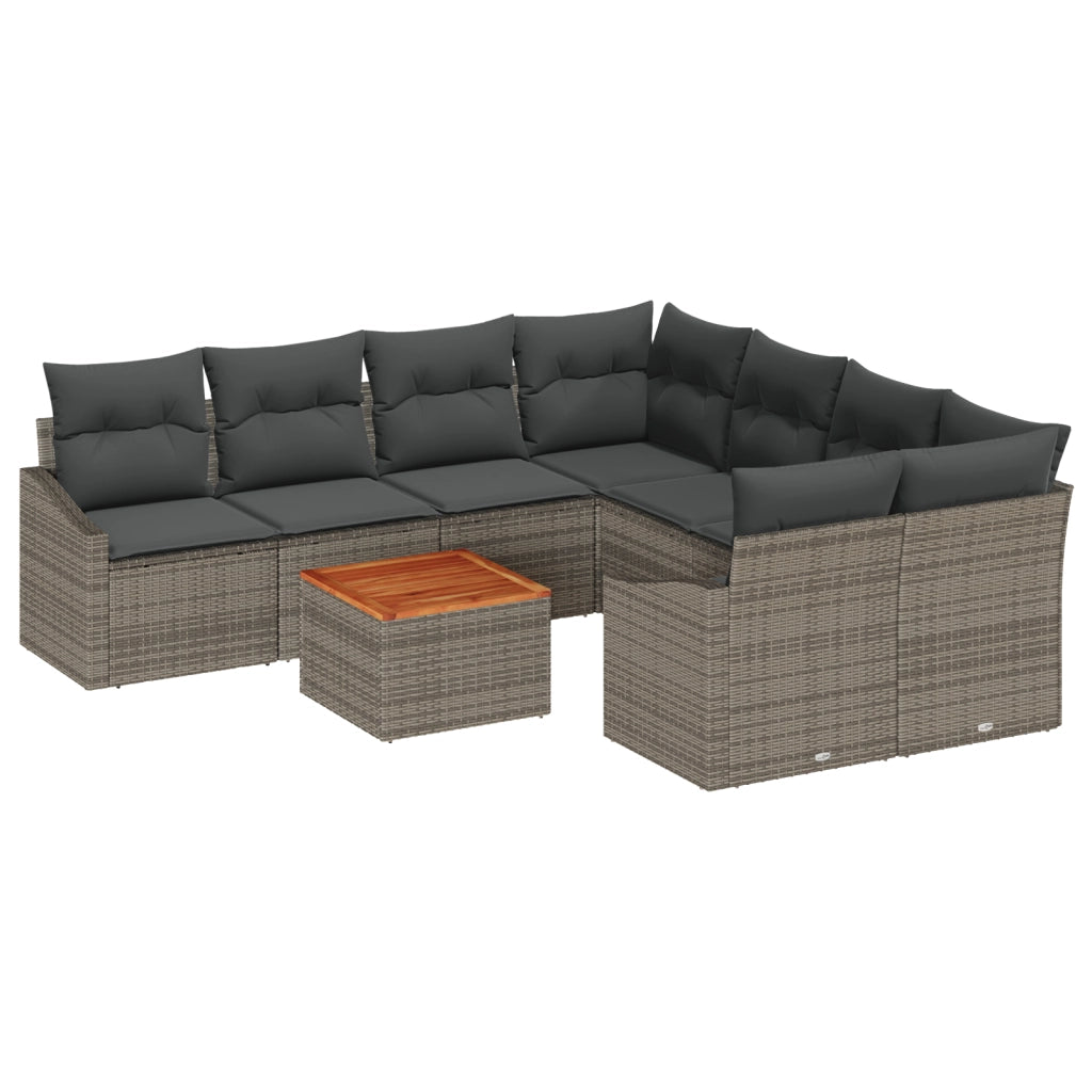 Set Divano da Giardino 9 Pezzi con Cuscini Grigio Polyrattan Acacia