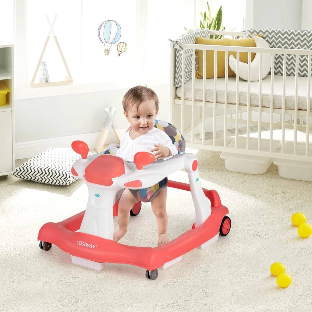 Girello per bambini 2 in 1, Girello con Altezza e Velocità Regolabili, Carillon con Luci e Cuscino Comodo, Primi Passi per Bambini 6-18 Mesi, Capacità di carico: 15 kg (Arancia)