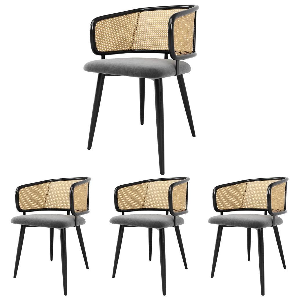 Sedia da Pranzo con Schienale in Rattan e Design Ergonomico, Gambe in Ferro, Velluto Grigio