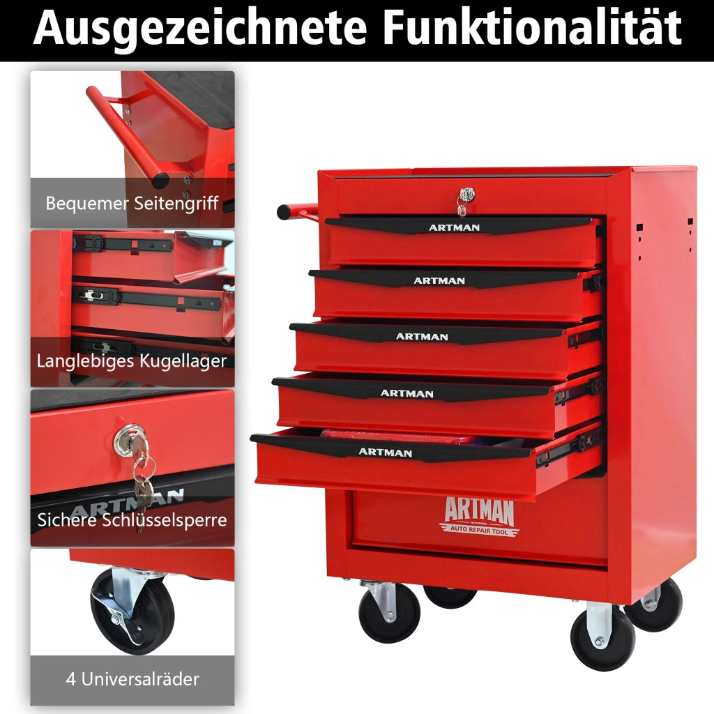 Mobile contenitore con 6 cassetti; serratura e ruote per garage e officina; in acciaio; rosso e nero; 60×33×77.5 cm