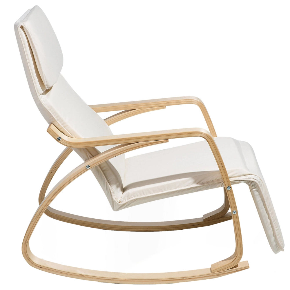 Sedia a dondolo in tessuto beige chiaro e legno di betulla con poggiapiedi regolabile