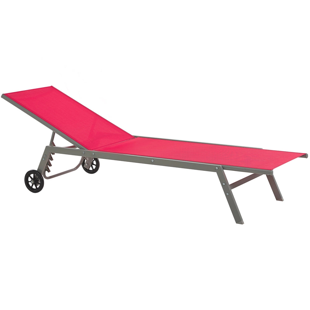 Lettino Prendisole Rosso Nero Struttura in Acciaio Tessuto Schienale Regolabile con Ruote Design Moderno