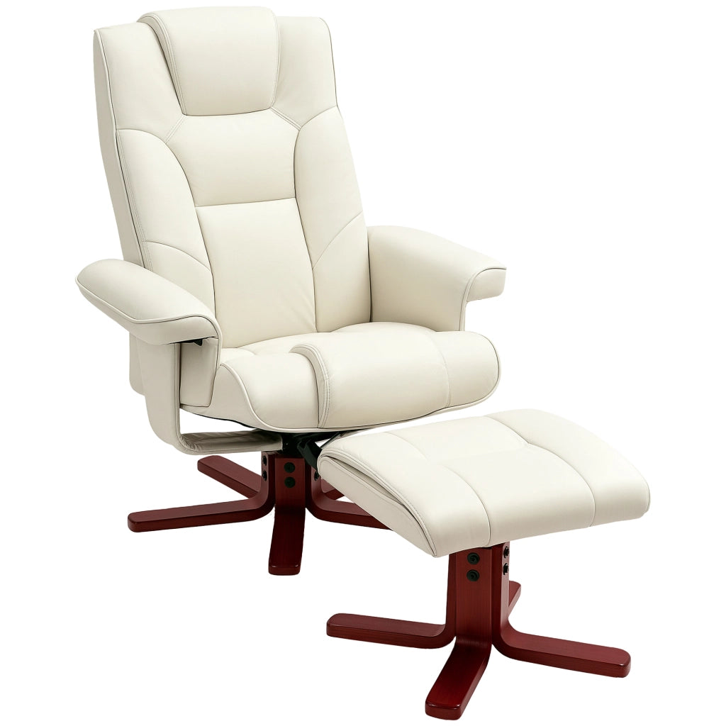 Poltrona relax con pouf reclinabile e funzione dondolo, rivestimento in similpelle crema bianca
