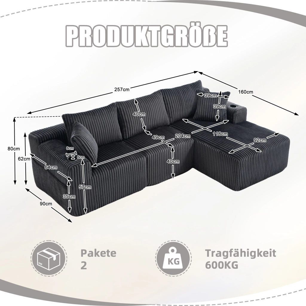 Divano modulare con chaise longue e 2 posti, tasche laterali, portabicchieri, in velluto a coste grigio