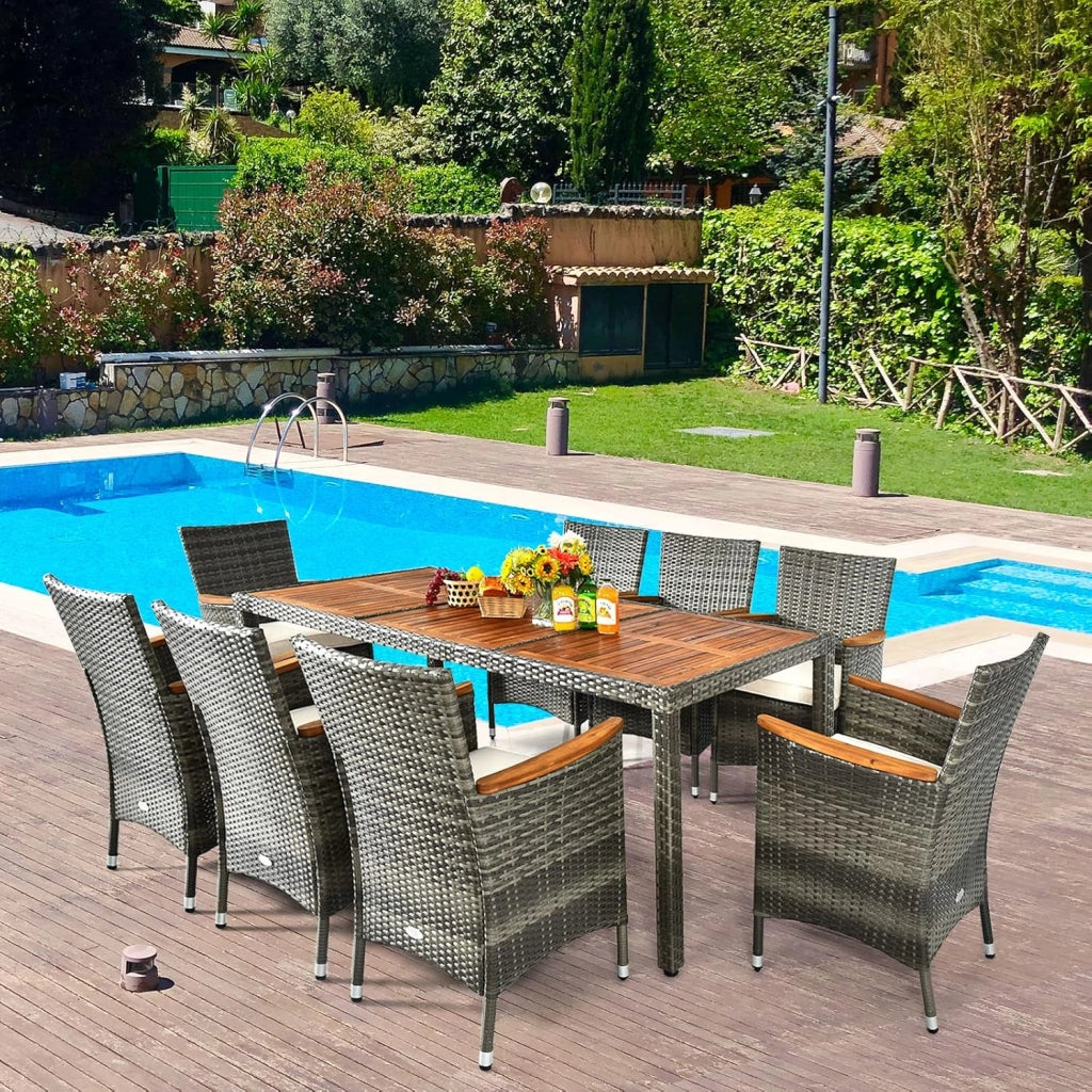 Tavolo e Sedie da Pranzo in PE Rattan, Set di Mobili in Rattan, Set di Mobili Composto da 9 Pezzi, con 8 Sedie e 1 Tavolo, per Interno e Esterno