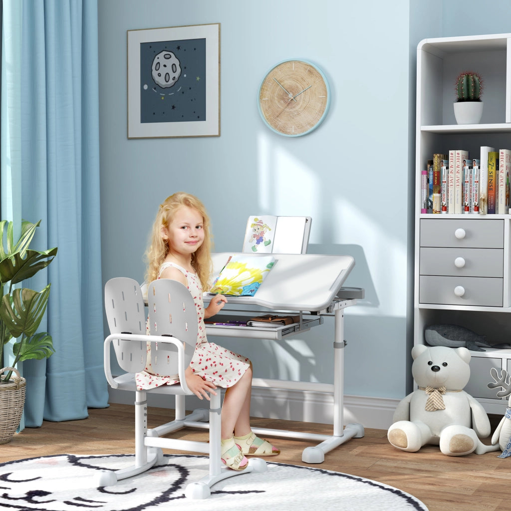 Scrivania bambini con sedia regolabile, piano inclinabile 45¡ã, cassetto e porta libri ¨C zephmum ¨C grigio