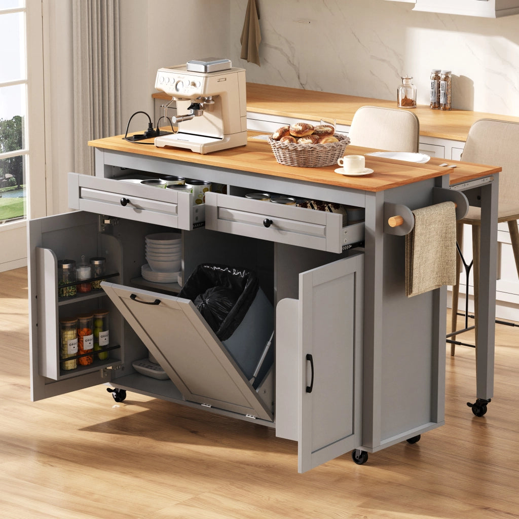 Carrello da Cucina con 2 Ante; Ripiani Regolabili; Piano Estensibile; Prese e Vano Pattumiera; per Cucina; in MDF; 120 x 40-75 x 92 cm; Grigio